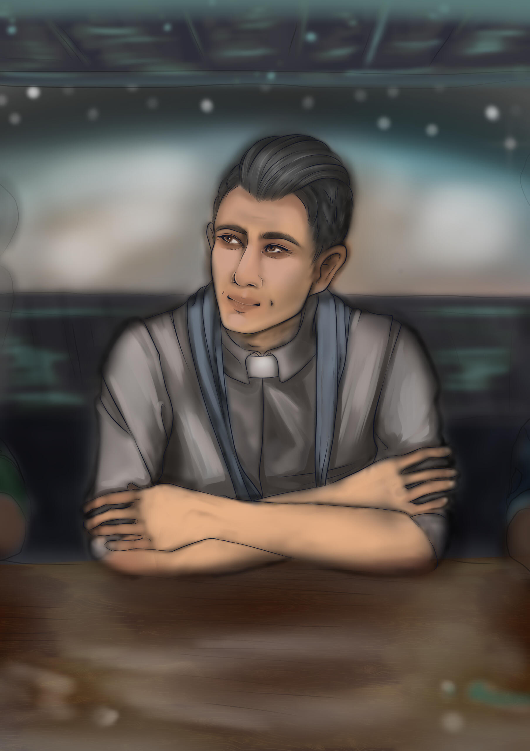 Drawing of Brother Argyer, a mid-30s man in a priest collar