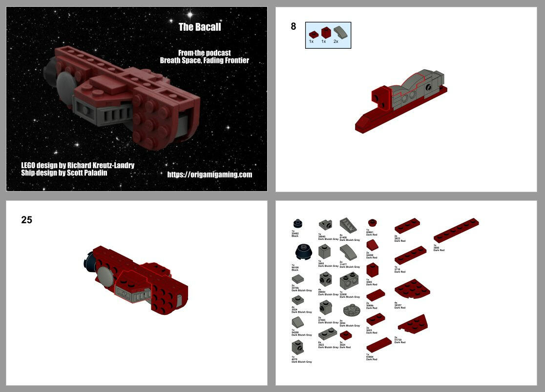 Completed illustration, building diagram, and piece breakdown of LEGO Bacall
