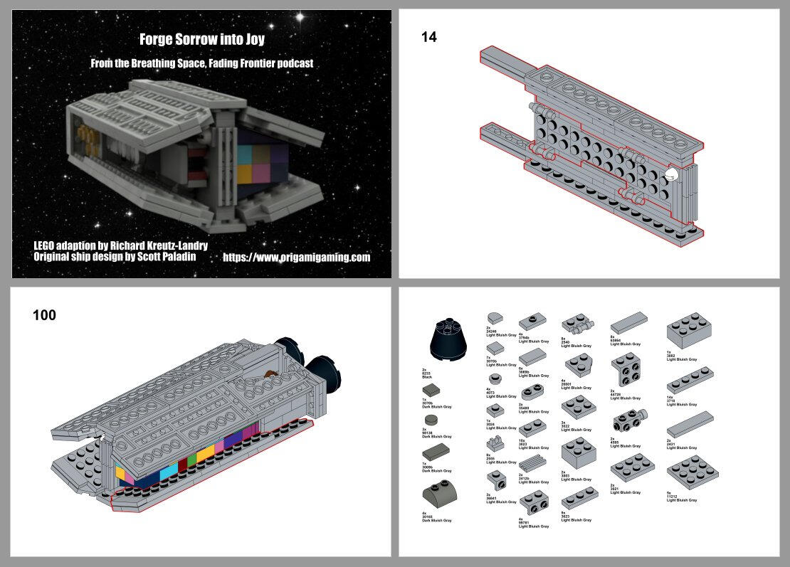 Completed illustration, building diagram, and piece breakdown of LEGO Forge Sorrow Into Joy