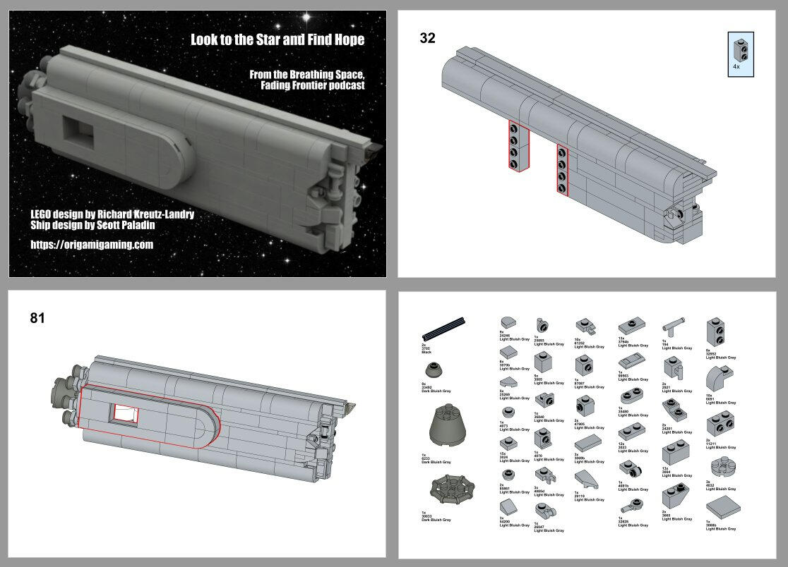 Completed illustration, building diagram, and piece breakdown of LEGO Look to the Stars & Find Hope