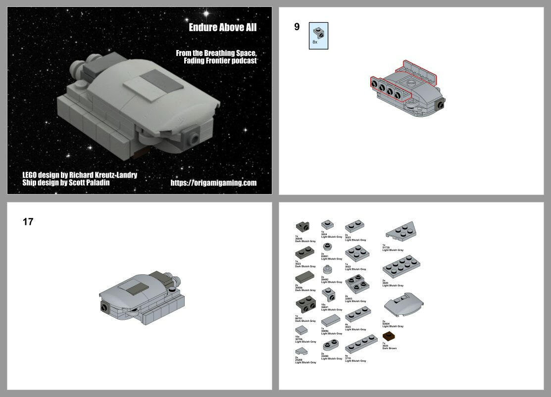 Completed illustration, building diagram, and piece breakdown of LEGO Endure Above All