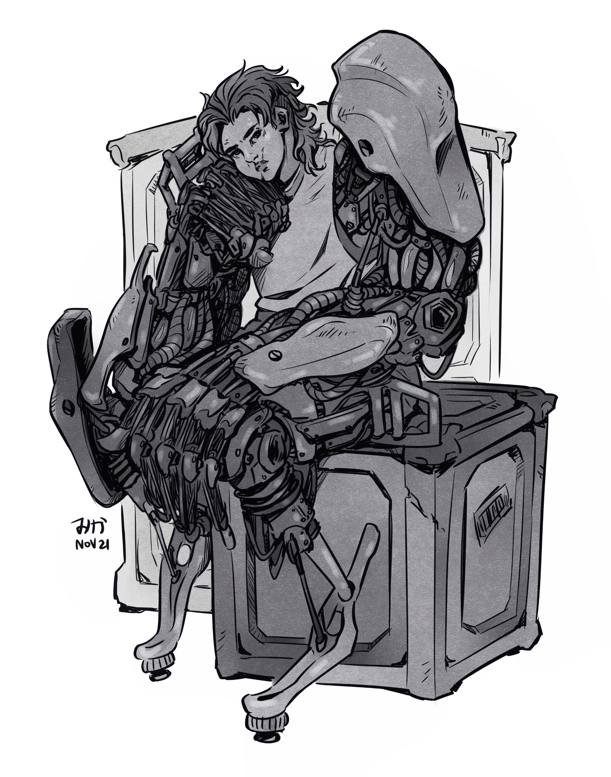 Drawing of Nulla, young woman with large robotic arms & legs, sitting on a shipping crate