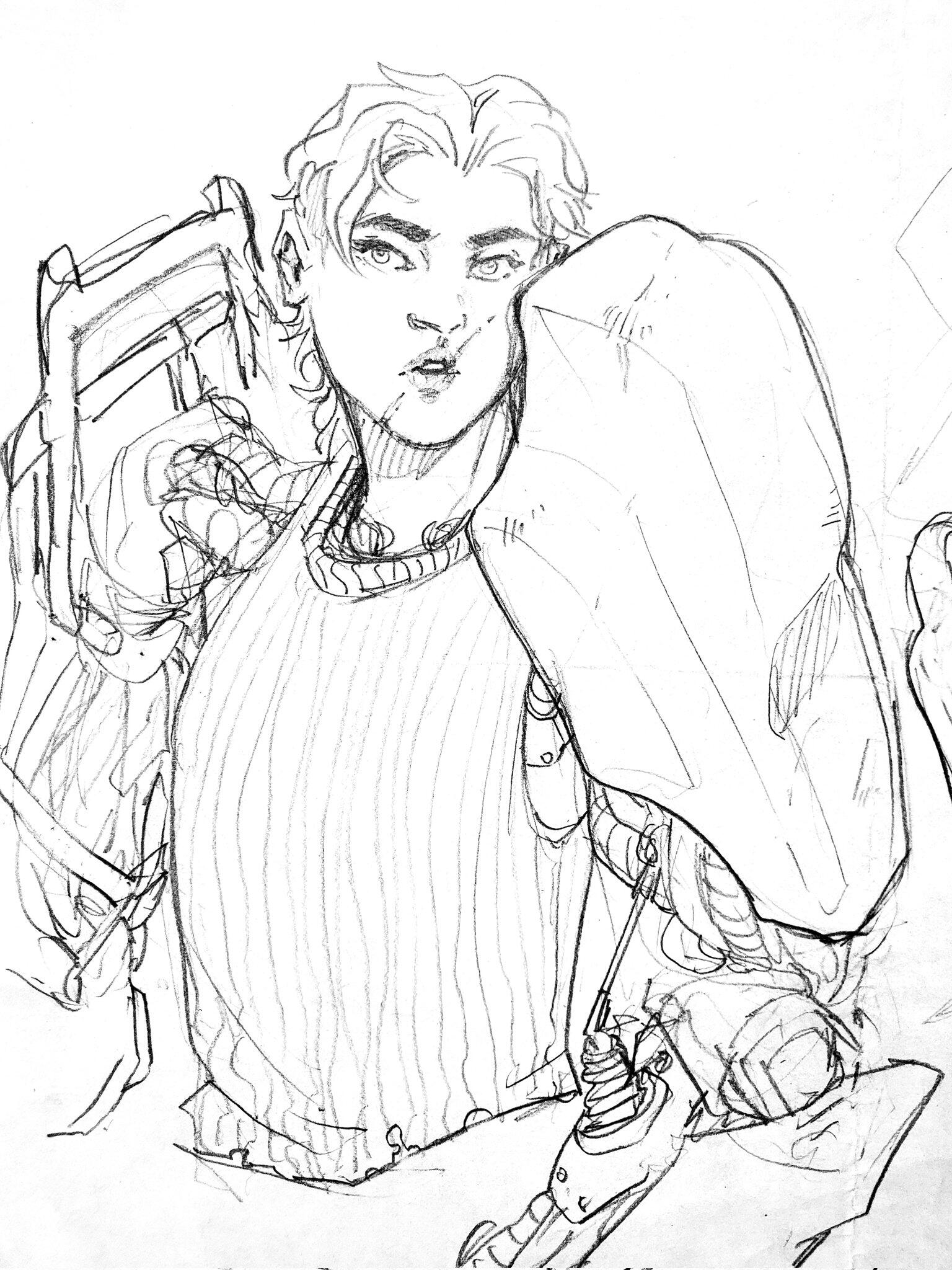 Sketch of Nulla bust, young woman with short hair and large robotic arms