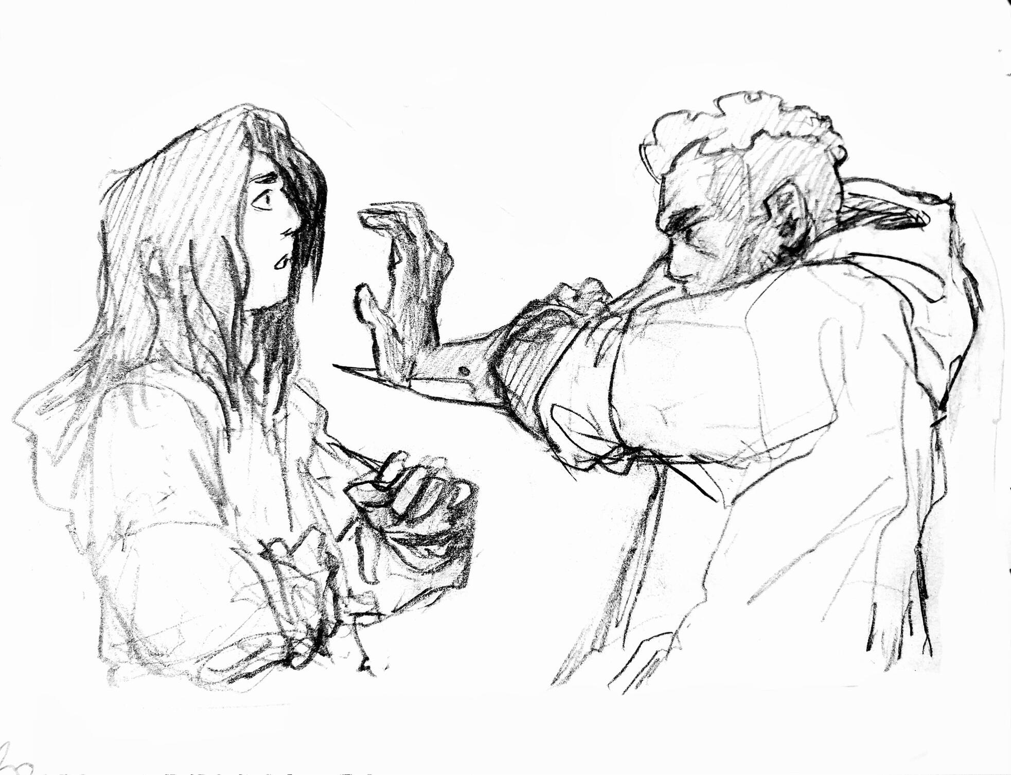 Pencil sketch of young person with long hair in a hoody being shown a extrudable hand-spike by Grey