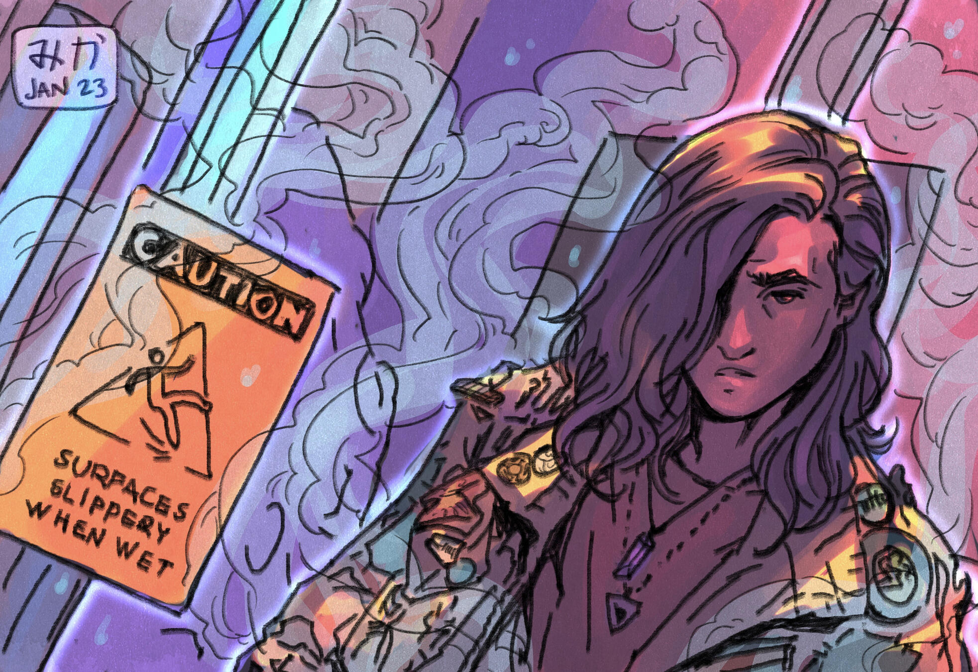 Pencil sketch of young person with long hair in a hoody being shown a extrudable hand-spike by Grey