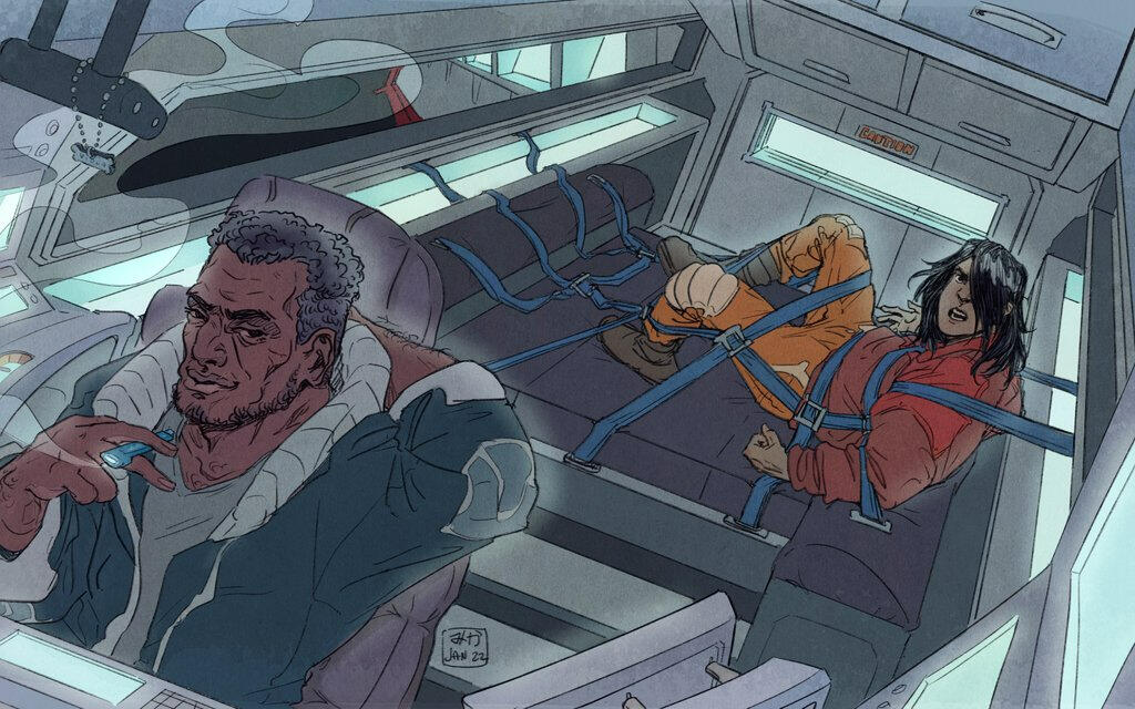 Link & Grey- Black man smoking a vollatte piloting a space ship, young person with long hair strapped down in hold by shipping straps