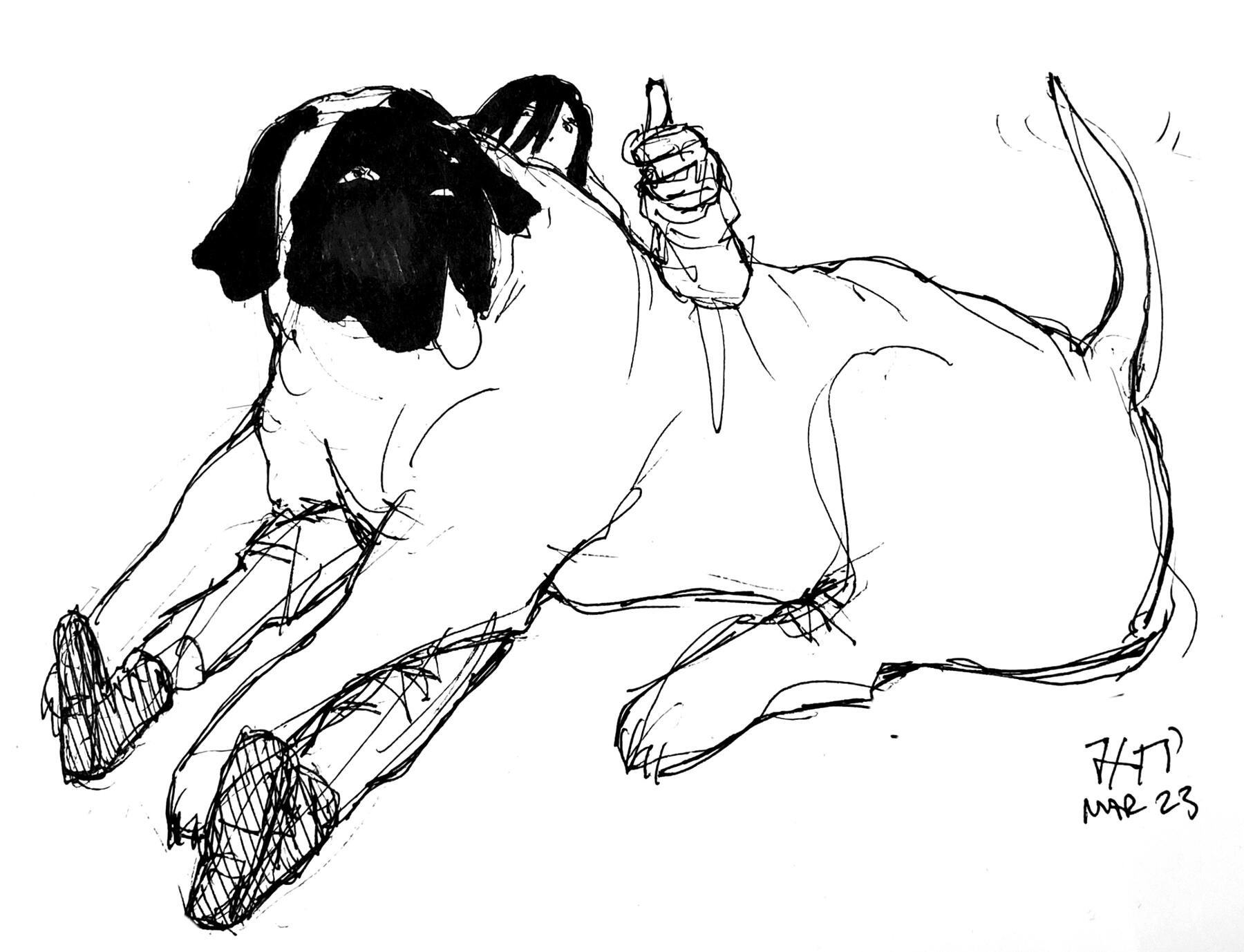 Pencil sketch of young person with long hair in a hoody being shown a extrudable hand-spike by Grey