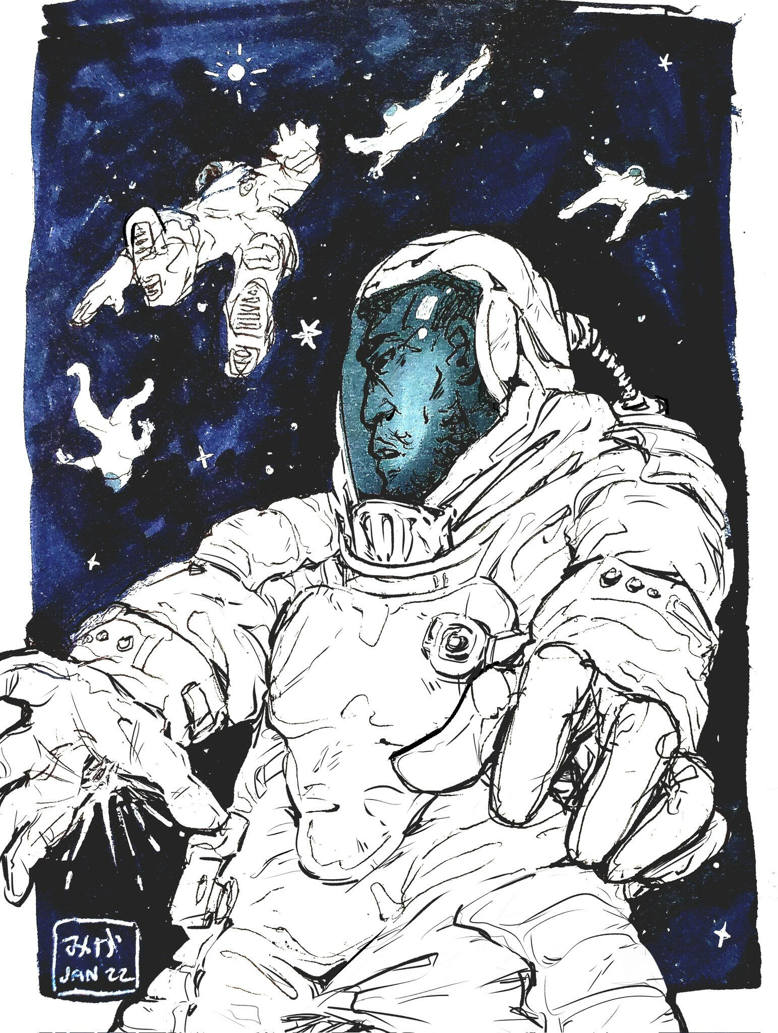 Grey- a Black man in a space suit, floating in the void, with smaller figures in space suits spinning away behind him