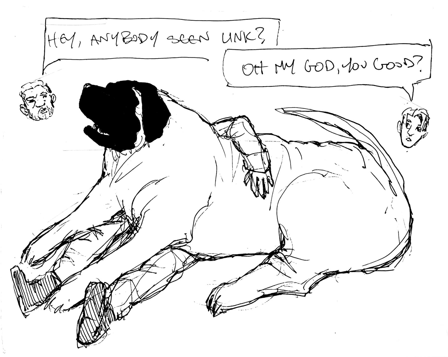 Pencil sketch of young person with long hair in a hoody being shown a extrudable hand-spike by Grey