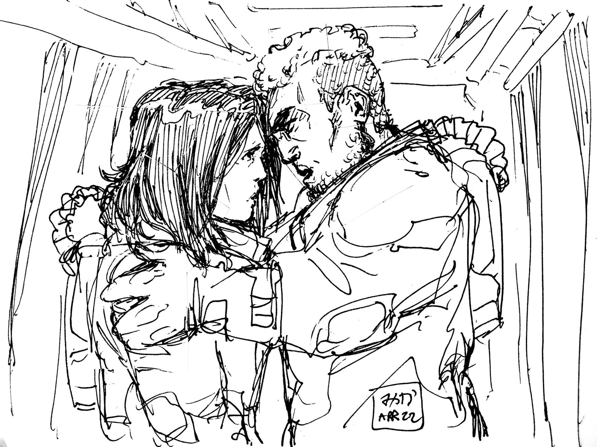 Pencil sketch of young person with long hair in a hoody being shown a extrudable hand-spike by Grey